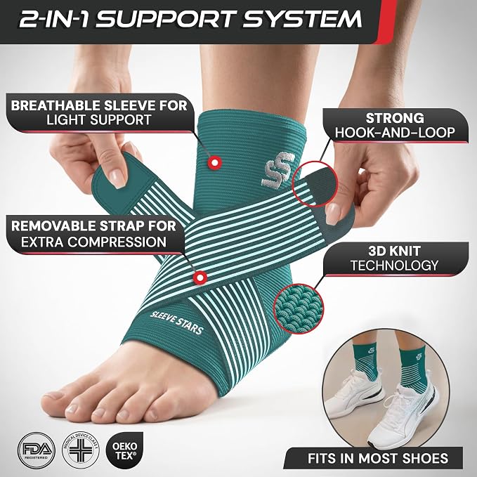 Sleeve Stars Ankle Brace for Women & Men, Ankle Wrap for Sprain, Compression Sleeve for Plantar Fasciitis Relief, Easy Customizable Support: w/ Removable Strap (Pair/M:10"-12"/Turquoise)