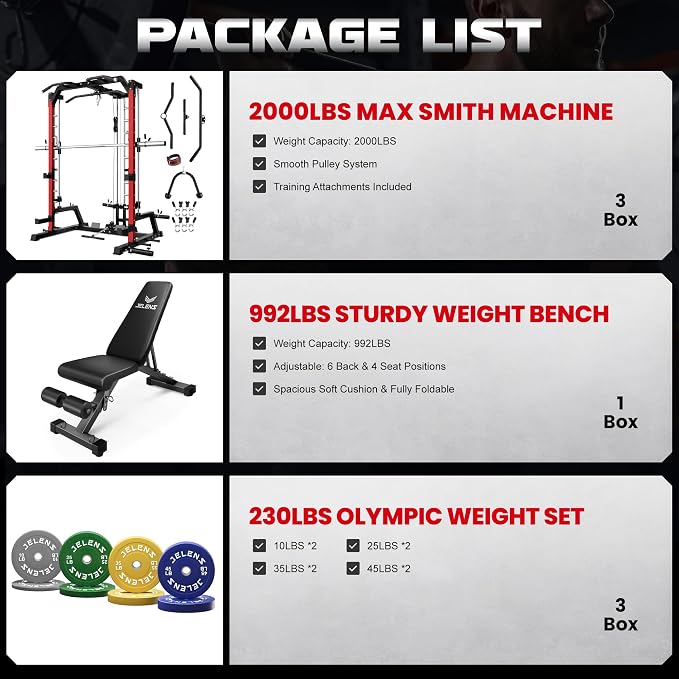 SR01 Smith Machine, 2000LBS Multi-Function Power Cage with LAT Pulldown System, All-in-One Home Gym Squat Rack with Smith Bar and Training Attachments for Full Body Workouts