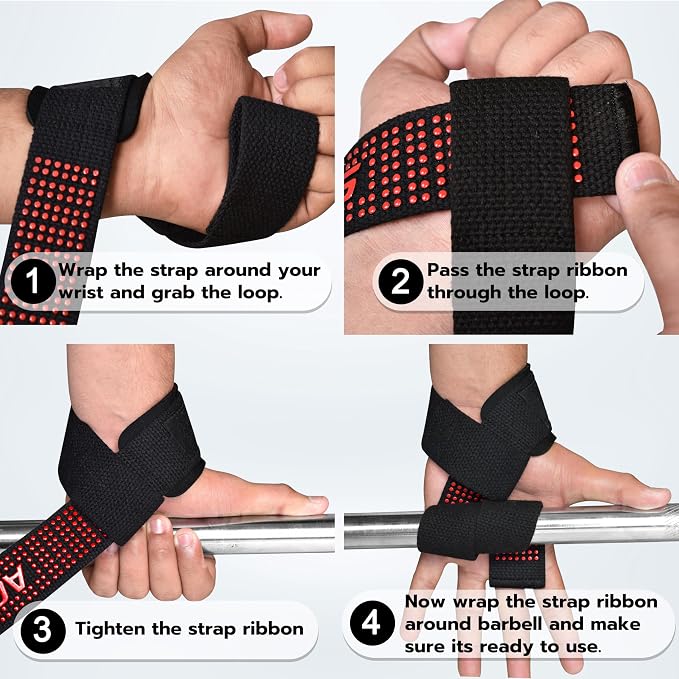 AQF Weight Lifting Straps, Padded Cotton Gym Wrist Straps for Deadlifts | 23" Extra-Long, Heavy-Duty Webbing, 5mm Neoprene Cushioning, Open-Loop Design, Sold as Pair, Ideal for Rows & Pull Workout