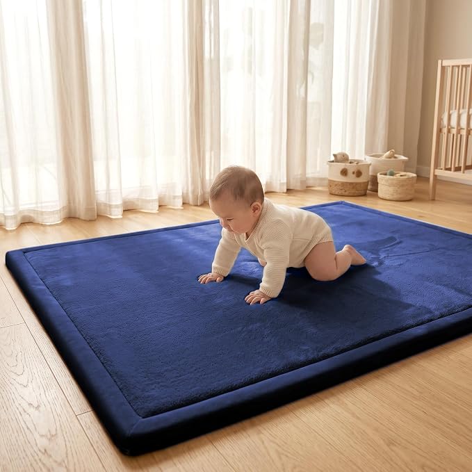 ACOMOPACK Baby Play Mat for Floor 1.3" Thick Memory Foam Play Mat 79"×118" Tummy Time Crawling with Non-slip Bottom for Living Room,Nursery,Soft Velvet Playpen Mats for Kids,Infants（Royal Blue）