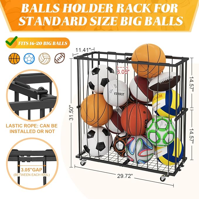 Large Capacity Garage Ball Storage- [Hold 16-20 Balls]: Rolling Sports Equipment Organizer Cart with Elastic Rope, Ball Rack with Wheels for Basketball, Soccer, Football, Indoor/Outdoor, Black