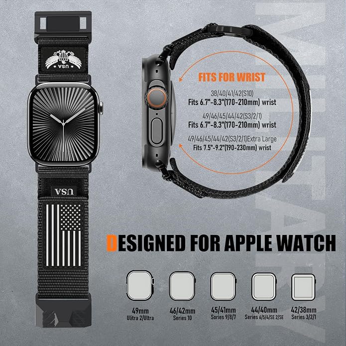 Rugged Nylon- Compatible with Apple Watch Ultra 3/ Ultra 2 Band 49mm Men,Tactical Soft Woven Stars- Stripes Flag Sport Strap for iWatch Bands 46mm 45mm 44mm 42mm Series 11 10 9 8 7 6 5 4 3 2 1 Se