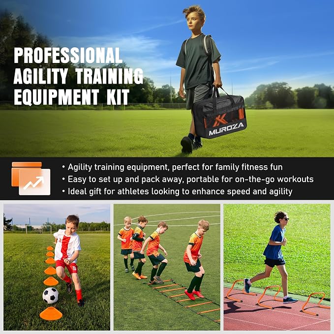 Agility Ladder, Agility Speed Training Equipment Set, 20ft Speed Ladder | 4 Hurdles, 12 Soccer Cones, Jump Rope, Running Parachute, Soccer Football Basketball Training Equipment Accessories