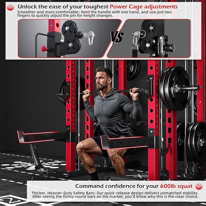 Power Rack and Smith Machine, Multi-Functional Power Cage with LAT Pulldown | All-in-One Squat Rack with Cable Pulley System, 2000LBS Weight Rack with Training Attachments for Home Gym