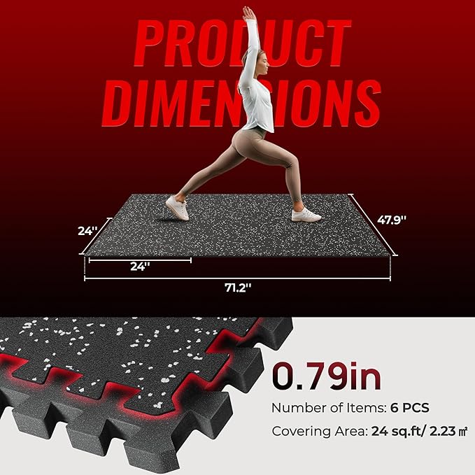SUPERJARE 0.79'' Extra-Thick Exercise Equipment Mats, 6 Pcs 24 Sq Ft Rubber Top Floor Tiles with High Density EVA Foam, Interlocking Gym Flooring for Home Gym, Protective Workout Mat, Black/Grey