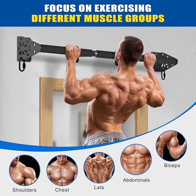 Kipika Wall Mounted Pull Up Bar - Heavy Duty 500 LB Capacity Doorway Chin Up Bar for Home Gym, Sturdy Steel Construction with Resistance Band Hooks | Hanging Exercise Bar for Full Body Workout