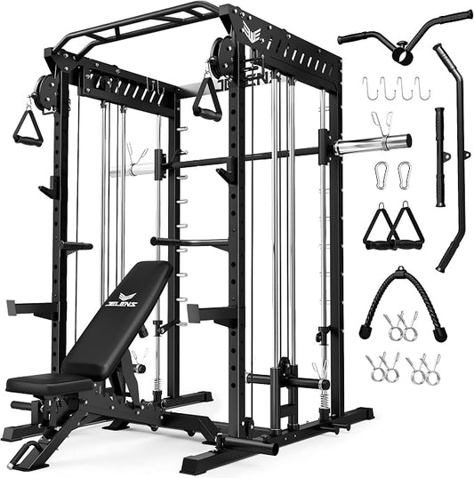 JELENS M21 Smith Machine, Multi-Function Power Cage with Dual Pulley Cable Crossover System, 2000LBS All-in-One Squat Rack with Smith Bar and Attachments for Home Gym