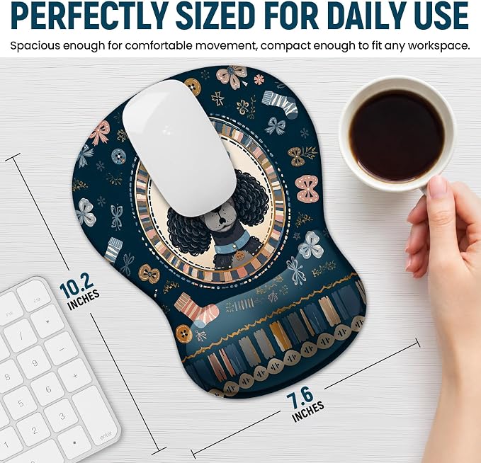 Ergonomic Mouse Pad with Wrist Rest, Gel Wrist Support, Poodle | 10.2 x 7.6 in Mouse Pad with Smooth Fabric Surface and Non-Slip Rubber Base for Office, Home, Study, and Gaming