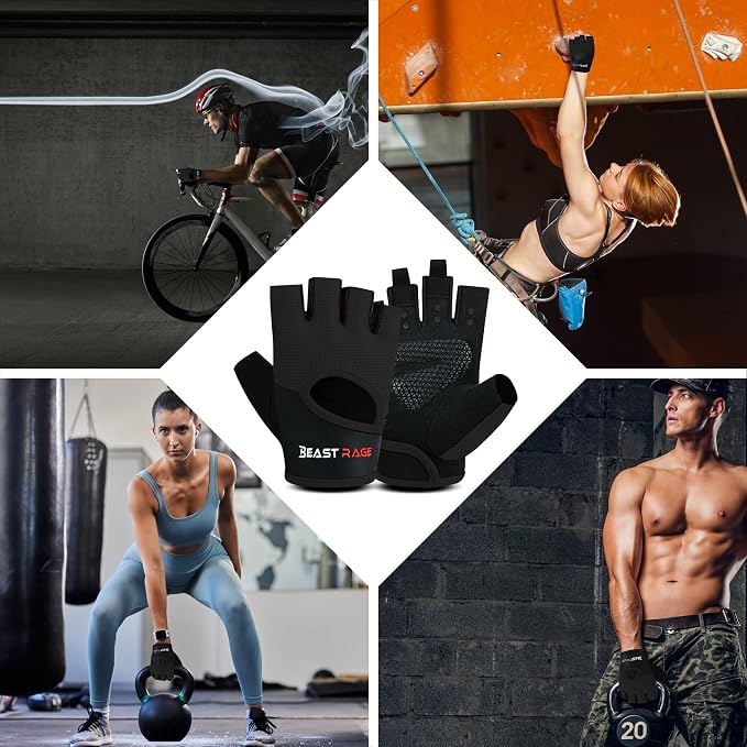 BEAST RAGE Workout Gloves for Men & Women - Fingerless Gym Gloves with Palm Protection, Breathable & Lightweight for Weightlifting, Cycling & Pull Up