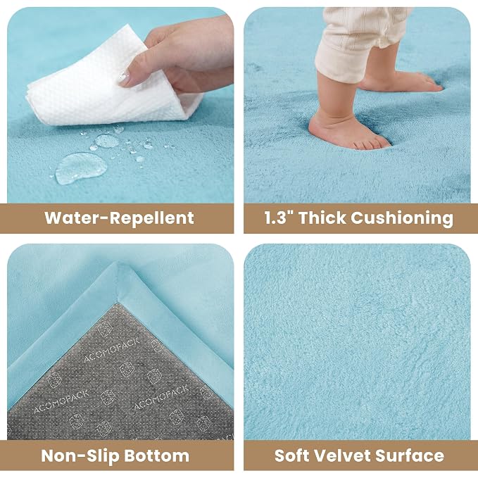 ACOMOPACK Baby Play Mat for Floor 1.3" Thick Memory Foam Play Mat 79"×118" Tummy Time Crawling with Non-slip Bottom for Living Room,Nursery,Soft Velvet Playpen Mats for Kids,Infants（Light Blue）