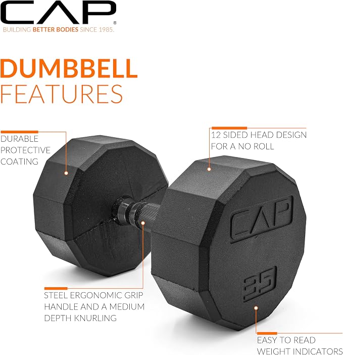 CAP Rubber Coated Dumbbell Weights, Free Weights for Home Gym Strength Training, Anti-Roll Hex Dumbbells with Black, Chrome & Comfort Grip Handles, Pairs & Sets