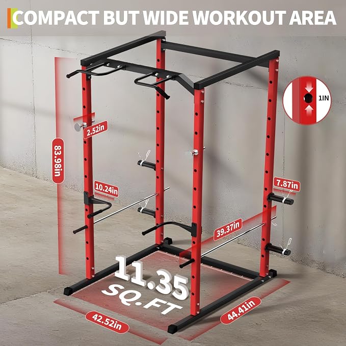 GarveeLife Compact Power Cage for Home Gym, 1100 LB Capacity Power Rack with Pull-Up Bar, Dip Station, Safety Bars & Weight Plate Storage, Squat Rack for Garage Gym