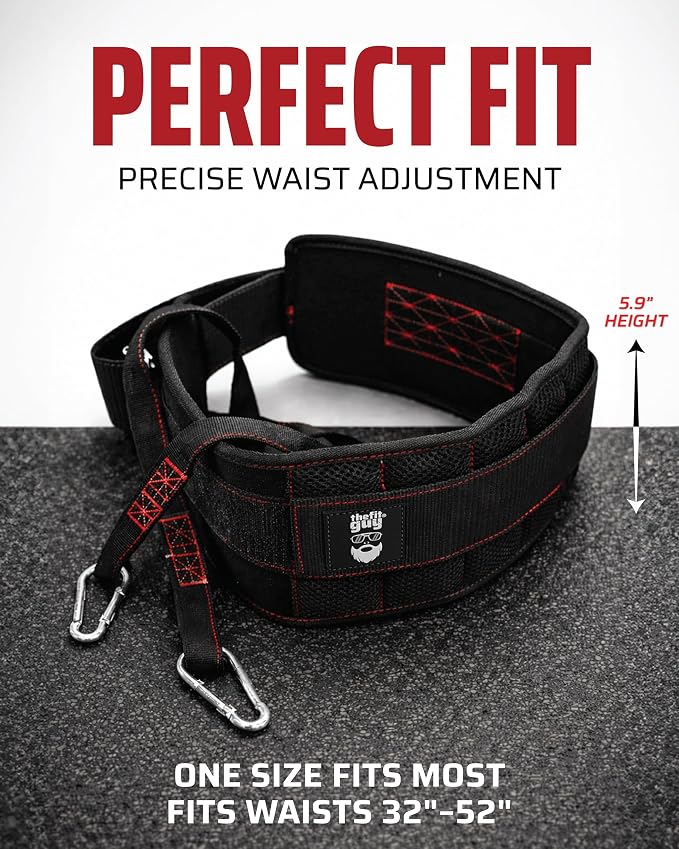 THEFITGUY Original Dip Belt with Strap for Dips, Pull-Ups, Squat Attachment | Secure hook-and-loop closure, structured back support, 45-degree D-rings, 40in strap, 2 hooks, up to 250lb