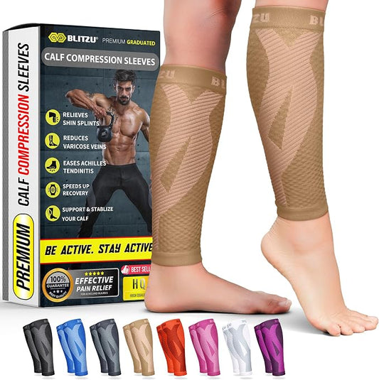 BLITZU Calf Compression Sleeves, Footless Compression Socks for Men & Women | Leg Support Brace, Shin Splint Pain Relief, Reduce Varicose Vein Swelling, Muscle Recovery, Running, Nursing, Fitness, Travel