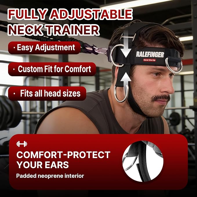 Neck Harness Trainer-Adjustable Neoprene Padded Neck Exerciser with 100cm Heavy Duty Rope & Carabiners