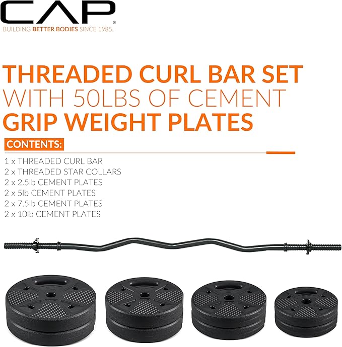 CAP Barbell Threaded Curl Bar Set with 50 LB Cement Grip Weight Plates | EZ Curl Bar with Threaded Collars for Strength Training & Home Gym Workouts