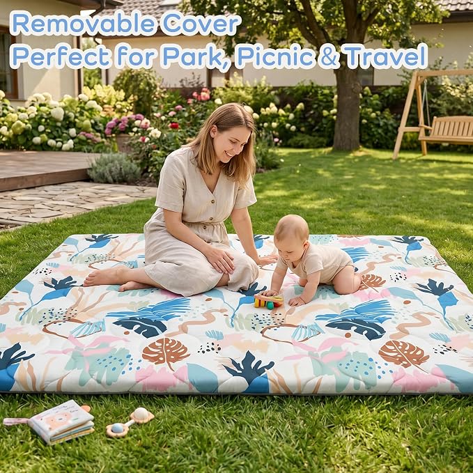 1.6" Thick Baby Play Mat, 71x59 Removable & Machine Washable Cover | Padded Memory Foam, Non-Slip Backing, 100% Baby-Safe Materials, Tummy Time Crawling, Outdoor, Bedroom, Living Room, Nursery