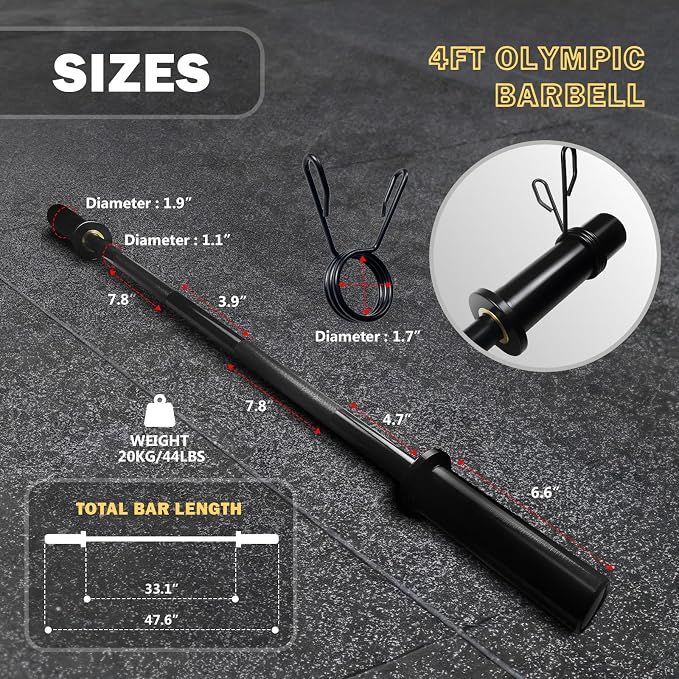 4ft Olympic Barbell - 2-Inch Strength Training Bar for Squats, Deadlifts, Bench Press & Home Gym, 500lbs Capacity, Includes Silent Collars