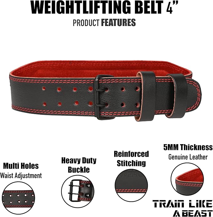 Weight Lifting Belt - 4” Genuine Leather Belts Padded Lower Back Support for Gym Bodybuilding Squat Deadlift Weightlifting Cross Strength Training Men Women Free Wrist Wrap