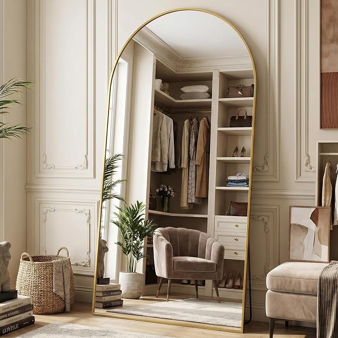 Suidia 82"x44" Arched Full Length Mirror with Stand, Full Body Mirror with Aluminum Frame, Freestanding/Leaning/Wall-Mounted, Floor Mirrors for Bedroom, Living Room, Entryway, Dressing Room, Gold