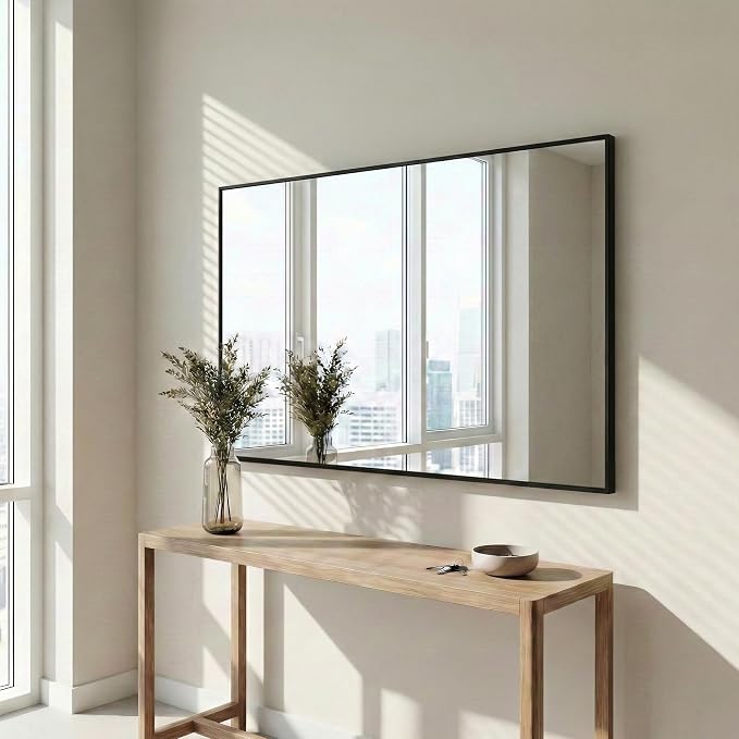 30" x 48" Matte Black Wall Mirror, 48" x 30" Large Metal Framed Landscape Decor, Horizontal Bathroom Mirror for Wide Vanity & Dining Room