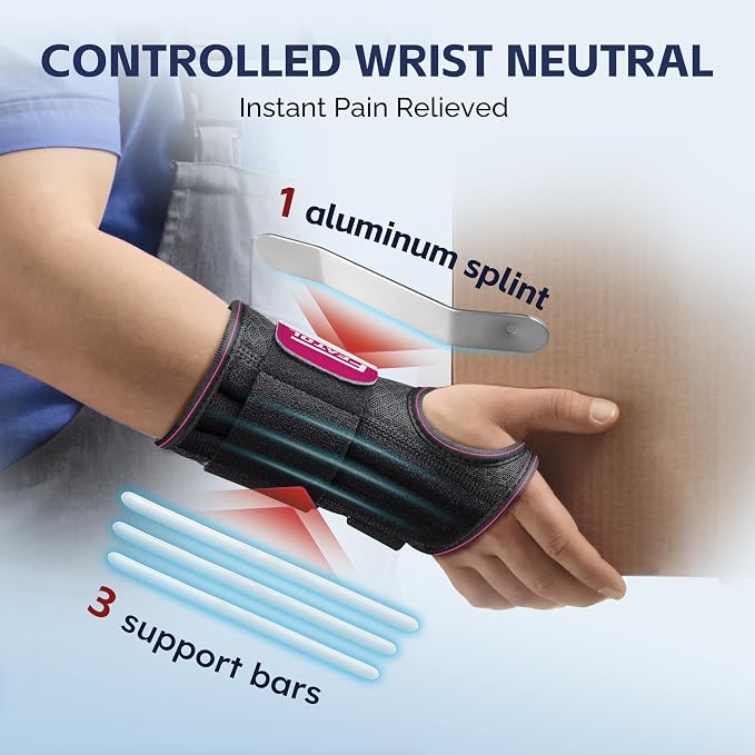 FEATOL 2 Pack Carpal Tunnel Wrist Brace For Work With Wrist Splint, 6.5'' Wrist Brace Night Support For Women Men, Pain Relief For Tendonitis, Arthritis, Pregnancy, Typing, Right and Left Hand, Large