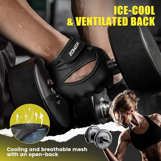 HOZMOZ Ventilated Weight Lifting Gloves, Thick Padded Workout Gym Gloves with Full Palm Protection & Grip & Shock Absorption for Women & Men's Fitness Exercise Training