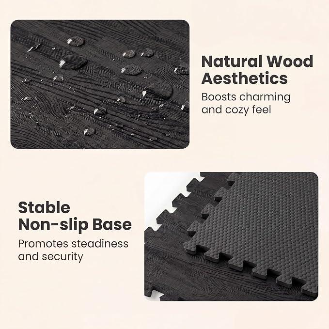 Giantex 25 Pcs Faux Wood Grain EVA Foam Tiles, 24"x24" Interlocking Floor | 100 Sq. Ft Puzzle Exercise Mats with 50 Borders, 0.4" Thick Waterproof Anti-Slip Flooring for Home Gym, Basement, Black