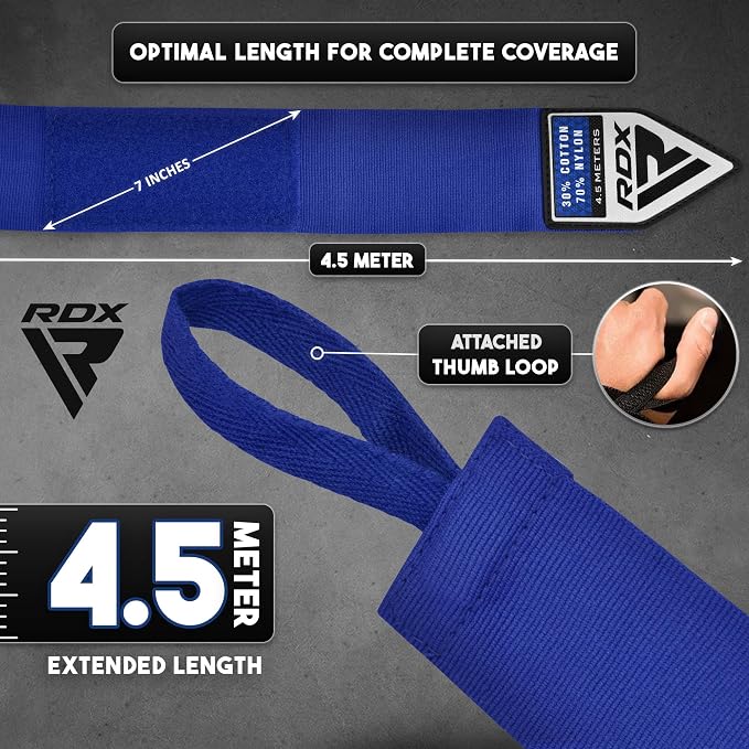 RDX Boxing Hand Wraps 4.5M / 180 Inches – Mexican Style Semi-Elastic MMA Inner Gloves - Wrist Support for Muay Thai, Kickboxing, BJJ, Karate - Thumb Loop & Hook and Loop Closure - Cotton & Nylon Blend