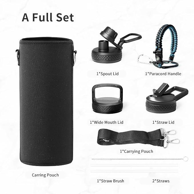 Trebo Water Bottle Insulated 40 oz with 3 Lids, Paracord Handle & Sleeve | Stainless Steel Flask Vacuum, Triple Wall Copper Plated, Dishwasher Safe, Keeps Cold 48Hrs for Hiking, Gym, Wide Mouth