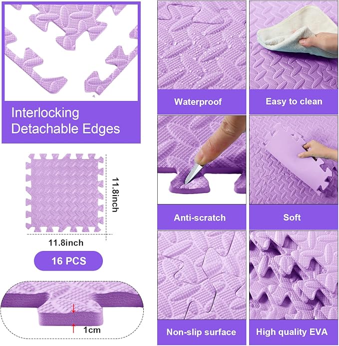 Foam Floor Tiles Foam Floor Mats Play Mats Bulk with Borders Interlocking for Bedroom Gym Nursery(11.8 x 11.8 Inch,Purple)