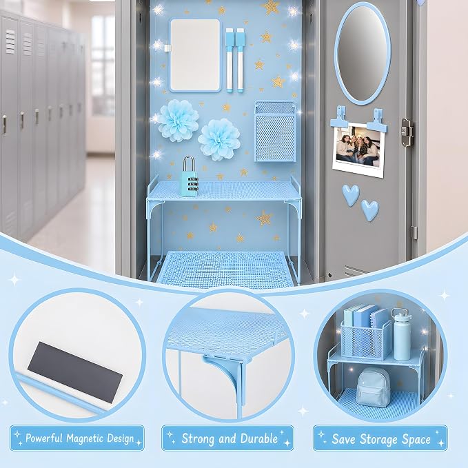 16 PCS Locker Accessories for Girls Magnetic Locker Decoration Kit with Shelf Mirror Whiteboard Pen Holder Rug Wallpaper Lights Lockers Organizer Set for School Dorm Room Office Gym (Blue)