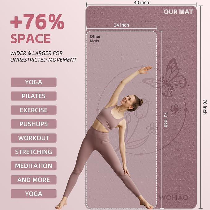 Large 76"x40"x0.4" Yoga Mat | Extra Width & Thick, Non-Slip Exercise Mat, Versatile for Stretching, Yoga Studio, Gym, Home & Indoor/Outdoor Workouts