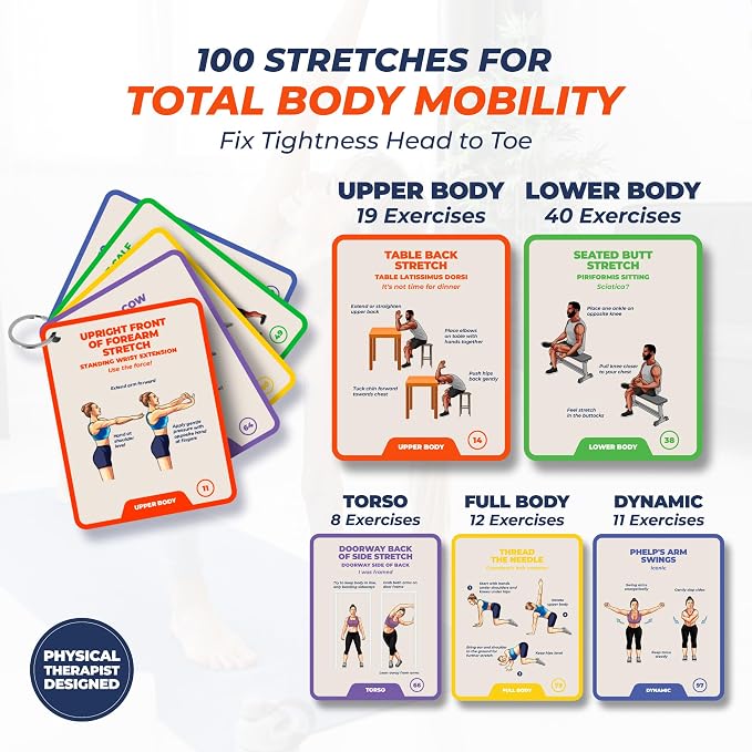 Stretching Exercise Cards – 100 Illustrated Flexibility and Mobility Flash Cards Designed by a Physical Therapist with Video Tutorials for Men and Women