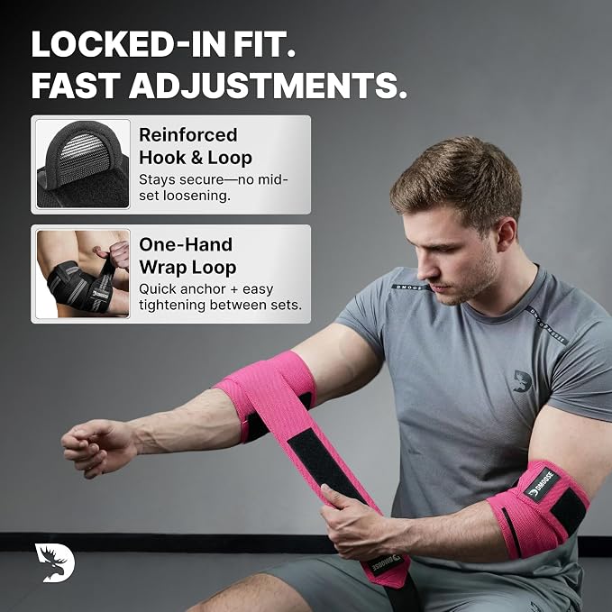 DMoose Fitness Elbow Wraps for Weightlifting (Pair) - 40'' Adjustable Strap for Gym Workout & Bench Press, Compression Elbow Sleeves for Tendonitis, Joint Support, Powerlifting & Deadlifts