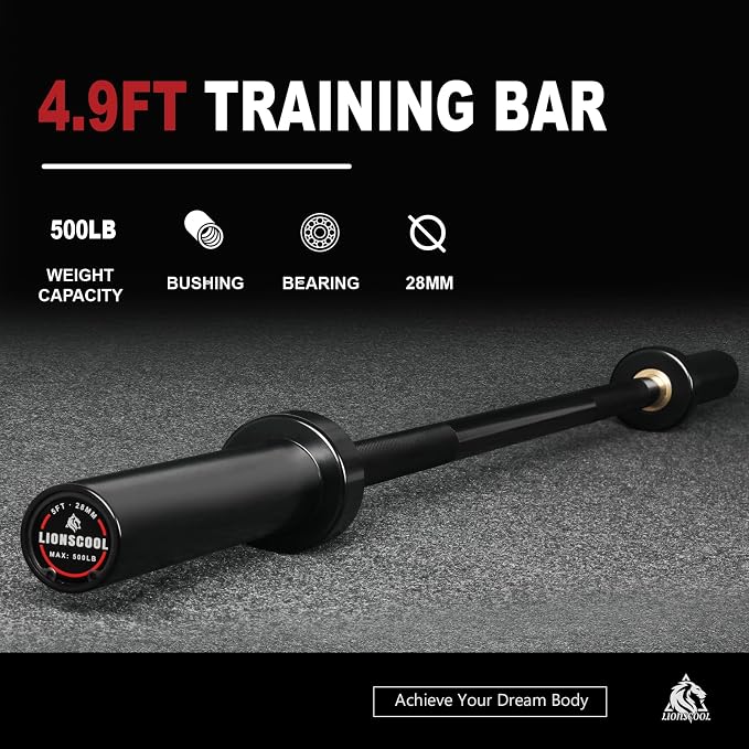 LIONSCOOL 4ft/4.9ft/6ft 2-Inch Olympic Barbell for Strength Training | Weightlifting, Squat, Curl, Deadlift, Press, Hip Thrust Straight Weight Bar, 350/500lbs Capacity, Chrome, Black, Silver, Red