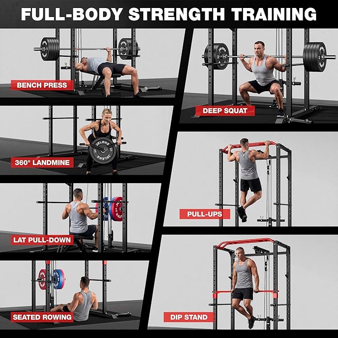 JELENS S11 Power Cage, 2000LB Multi-Function Power Rack with LAT Pulldown, Squat Rack with Adjustable Pulley System and Training Attachments, Weight Rack for Home Gym