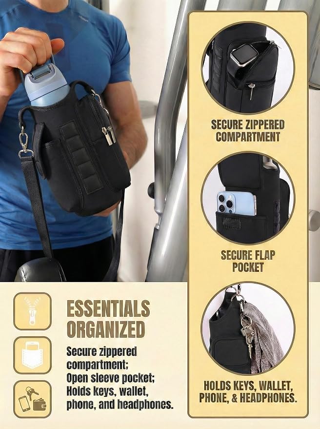 Magnetic Gym Bag,Magnets Gym Water Bottle Bag Carrier Holder with Pockets & Strap Fit for 18 to 40 oz Owala Hydro Flask Yeti, Gym Accessories for Men Women,Walking, Hiking