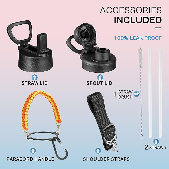 KXIAOCHEN Insulated Water Bottle with Strap, 48-Hour Cold, 2 Lids | Triple-wall insulation, lead-free 18/8 Stainless steel, paracord handle, carabiner clip, for gym, hiking, camping and travel