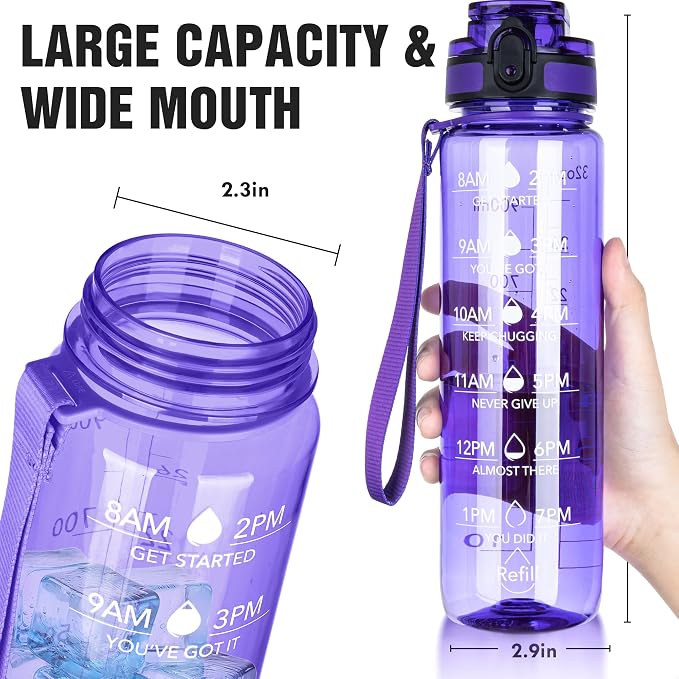 OLDLEY Water Bottle, 32oz Motivational Sports Water Bottle with Time Marker - Times to Drink - Tritan, BPA Free, Wide Mouth Leakproof,Deep Purple