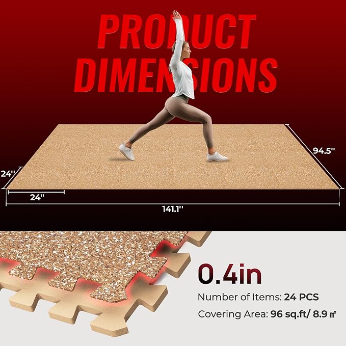 SUPERJARE 0.4'' Thick 24 Pcs 48 Sq Ft Rubber Top Exercise Equipment Mats, High Density EVA Foam Mats with Rubber Top, Interlocking Gym Flooring for Home Gym, Protective Workout Mat, Wood