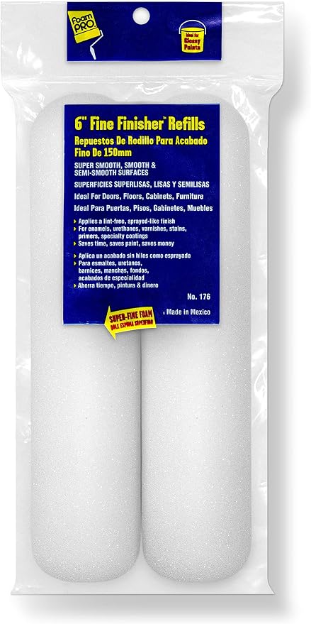 FoamPRO 176, 6” Fine Finish Foam Roller Refills (2 Pack) Foam Paint Roller Covers, Home Painting Supplies & Paint Tools, Mini Roller Refills