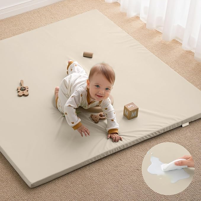 Blissful Diary Vegan Leather Baby Play Mat, 50''x50'', Beige | thick cushion, safe and soft fabric, waterproof and wip clean, indoor use, non-slip bottom, stylish mordern decor