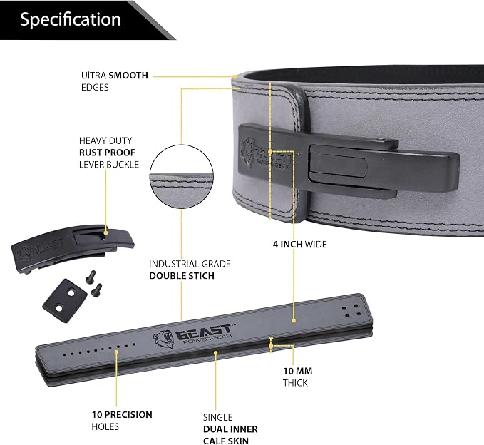 Beast Power Gear Weight Lifting Belt Lever Buckle 10MM 13MM Thick & 4 Inches Free Strap Weightlifting, Powerlifting, Deadlifts, Squats Men Women