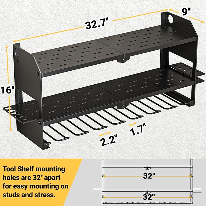 YYR Power Tool Organizer Wall Mount, Cordless Drill and Battery Holder, Electric Tools Hanger Storage Rack, Garage Organization Floating Shelf - Metal, Black