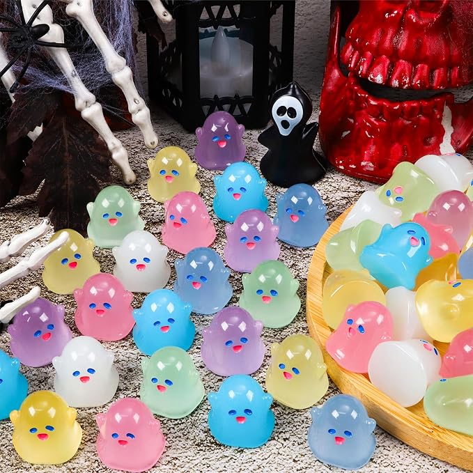 64Pcs Halloween Luminous Mini Ghosts Figures 8 Colours Glow in The Dark Miniature Resin Ghost Figurines to Hide Bulk Tiny Small Statue for Halloween Party Favors Micro Garden Dollhouse Decorations