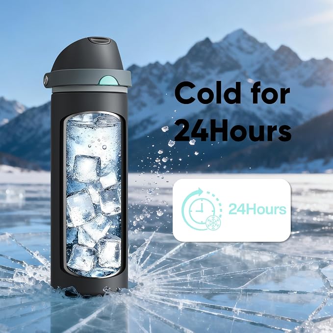 Insulated Water Bottle with Straw - Encool Stainless Steel Water Bottle with Push Button Lid, Leak-Proof & BPA-Free, Keeps Cold for 24 Hours for Sports, Travel, Gym (32 oz, Tuna Grey-Green)