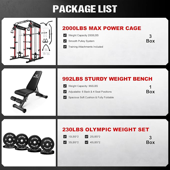 JELENS M21 Smith Machine, Multi-Function Power Cage with Dual Pulley Cable Crossover System, 2000LBS All-in-One Squat Rack with Smith Bar and Attachments for Home Gym
