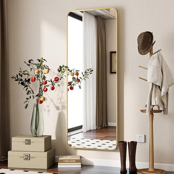 BEAUTYPEAK 56" x 21" Rounded Corner Full Length Mirror with Stand, Gold | Aluminum Alloy Frame with Standing, Leaning, or Wall-Mounted, Ideal for Bedroom, Dressing Room, Entryway, and Living Room