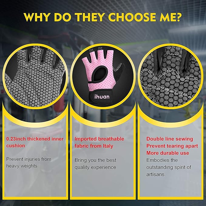 ihuan Breathable Weight Lifting Workout Gym Gloves: Fingerless Exercise Wrist Support | Enhance Palm Protection | Extra Grip for Fitness |Training | Rowing | Pull-ups